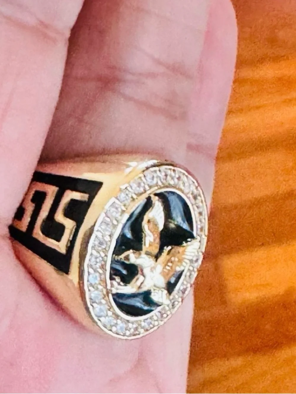 18K Gold Plated Eagle Emblem Ring with Black Enamel and Crystal Halo. Adjustable